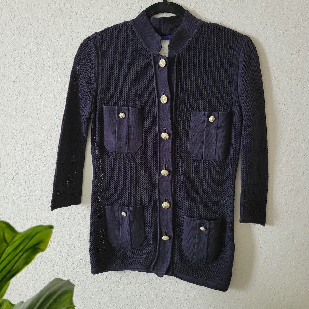 Les Copains Blue 2016 Navy Open Knit Crew Gold Imperial Button Long  Cardigan